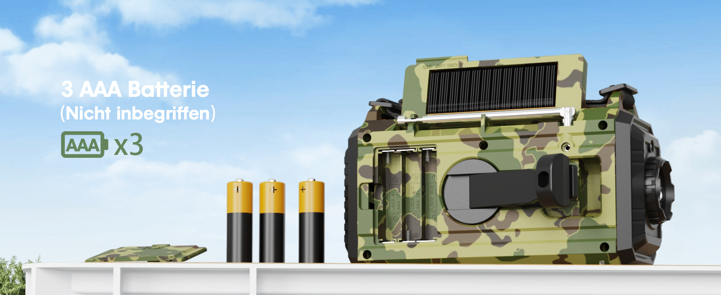 Радіо Kurbelradio на сонячній батареї та з ручкою, 12000mAh, AM/FM/SW, USB-зарядка, SOS-сигнал, ліхтарик, для кемпінгу та надзвичайних ситуацій, зелений камуфляж