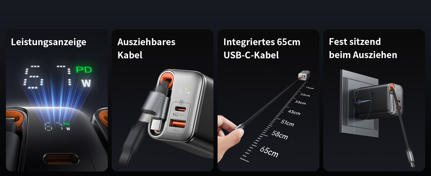 Мсдодо зарядний пристрій USB-C 67W з висувним кабелем, мережевий адаптер, швидка зарядка GaN, 3 порти, LED дисплей, чорний