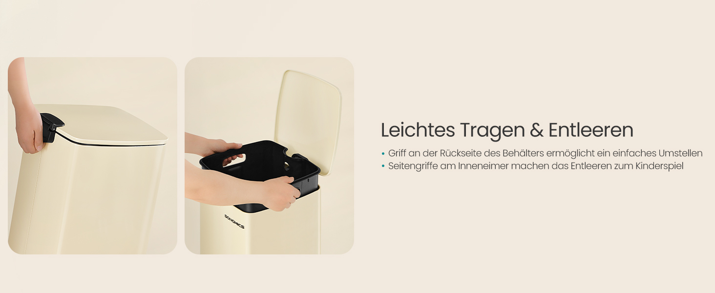 Відро для сміття SONGMICS з педаллю, сталеве, з внутрішнім відром, Soft-Close, 30 л, пісочно-бежевий