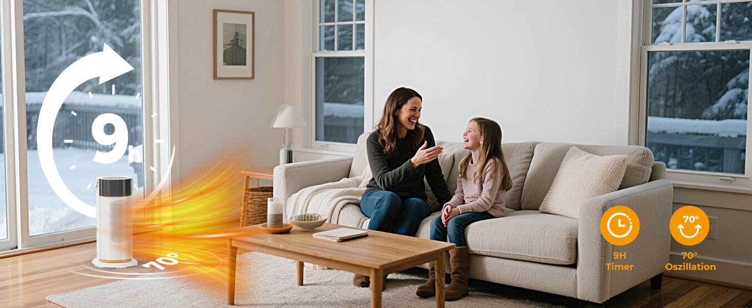 Електричний обігрівач 2000W з PTC-керамічним нагрівачем, тихий, з пультом керування, таймером, поворотним механізмом 70°, LED-дисплеєм для офісу, спальні, ванної кімнати, дому (білий)