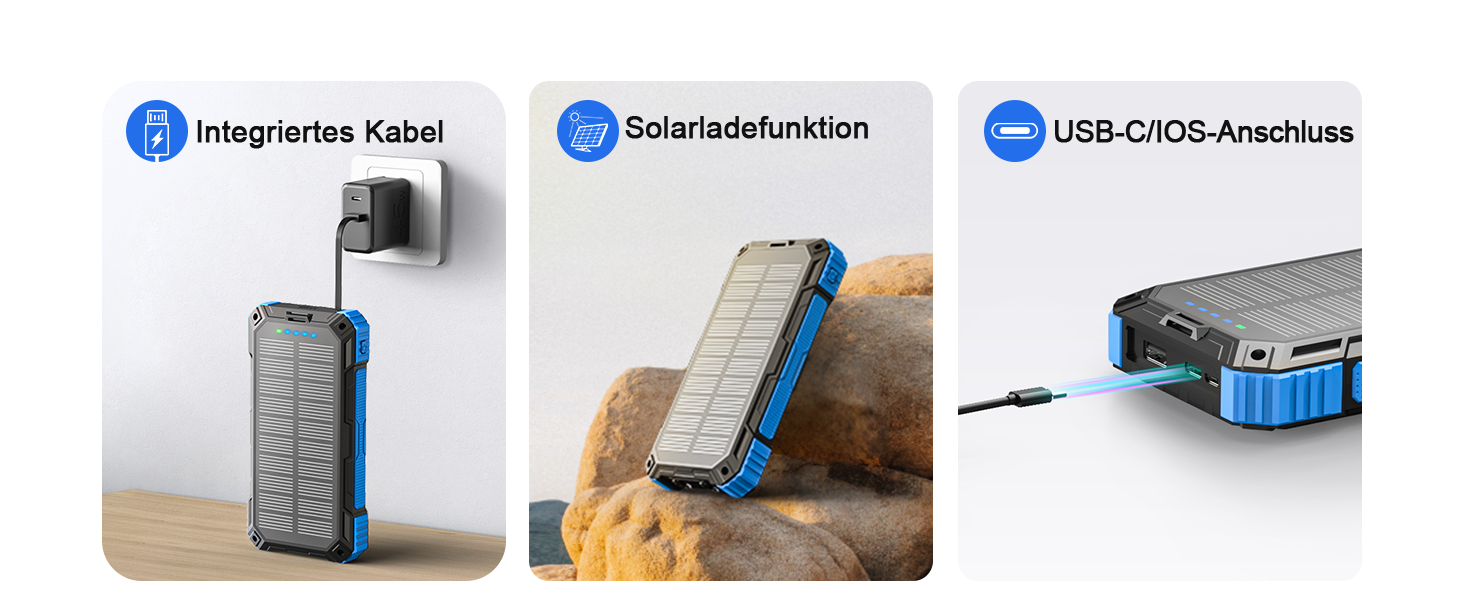 Сонячний павербанк 26800 mAh з 4 кабелями, USB-C, Qi, LED-ліхтарик, для телефонів, планшетів та кемпінгу