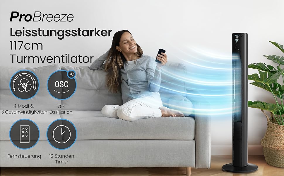 Турбовентилятор Pro Breeze з пультом керування, 70° осциляція, 3 режими, таймер 14 годин, 45W, 117см, 4 режими, режим сну - чорний