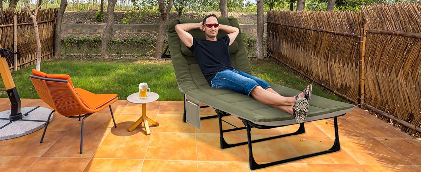 Розкладне ліжко для кемпінгу XXL - широке кемпінгове ліжко, розкладне ліжко, карпове ліжко з регульованою спинкою, ліжко для саду та відпочинку на відкритому повітрі (зелене)