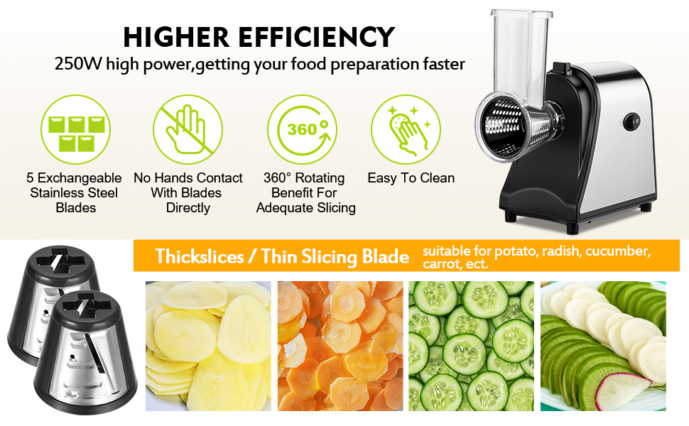 Електричний овочевий слайсер COOCHEER з нержавіючої сталі, 250W. Багатофункціональний подрібнювач з 5 лезами для овочів, сиру, картоплі, моркви, цибулі. Чорний.