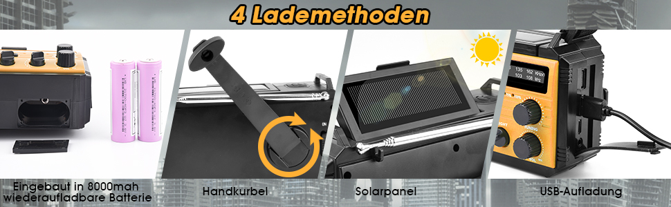 Сонячне радіо Kurbelradio 8000mAh з ручним заводом, AM/FM, динамо, радіо для надзвичайних ситуацій, ліхтарик LED, компас, IPX3, оранжевий