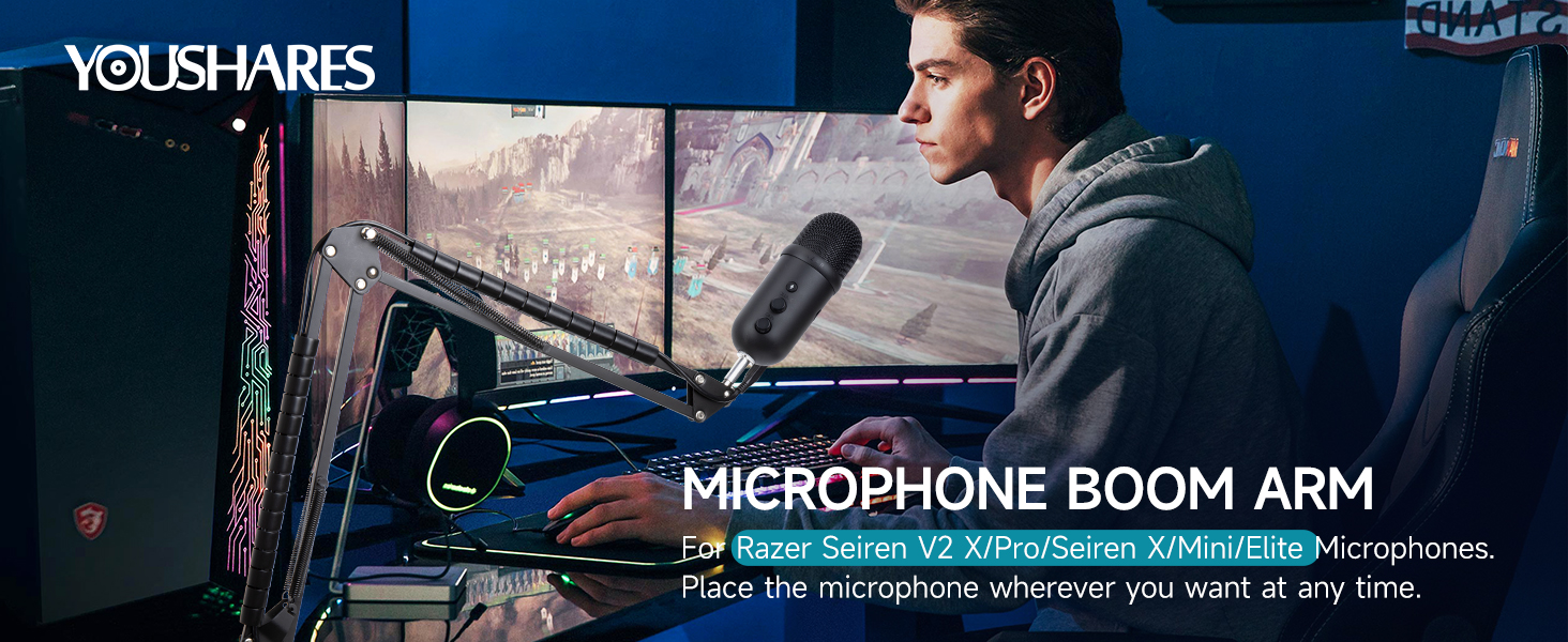 Тримач для мікрофона YOUSHARES Seiren V2 X: сумісний з Seiren Mini, V3 Mini/Chroma, Razer Seiren V2 X/Pro, Seiren X. Тримач з кабелями, стійка для стрімінгу та геймінгу