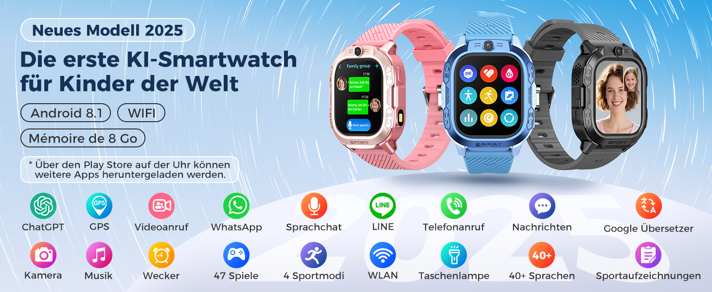 Дитячий розумний годинник KI з GPS та телефоном - 2025. Розумний годинник для дітей з відеодзвінками, чатом, Wi-Fi, 47 іграми, шкільним режимом, 4 спортивними режимами, подарунок для підлітків 5-13 років (блакитний)