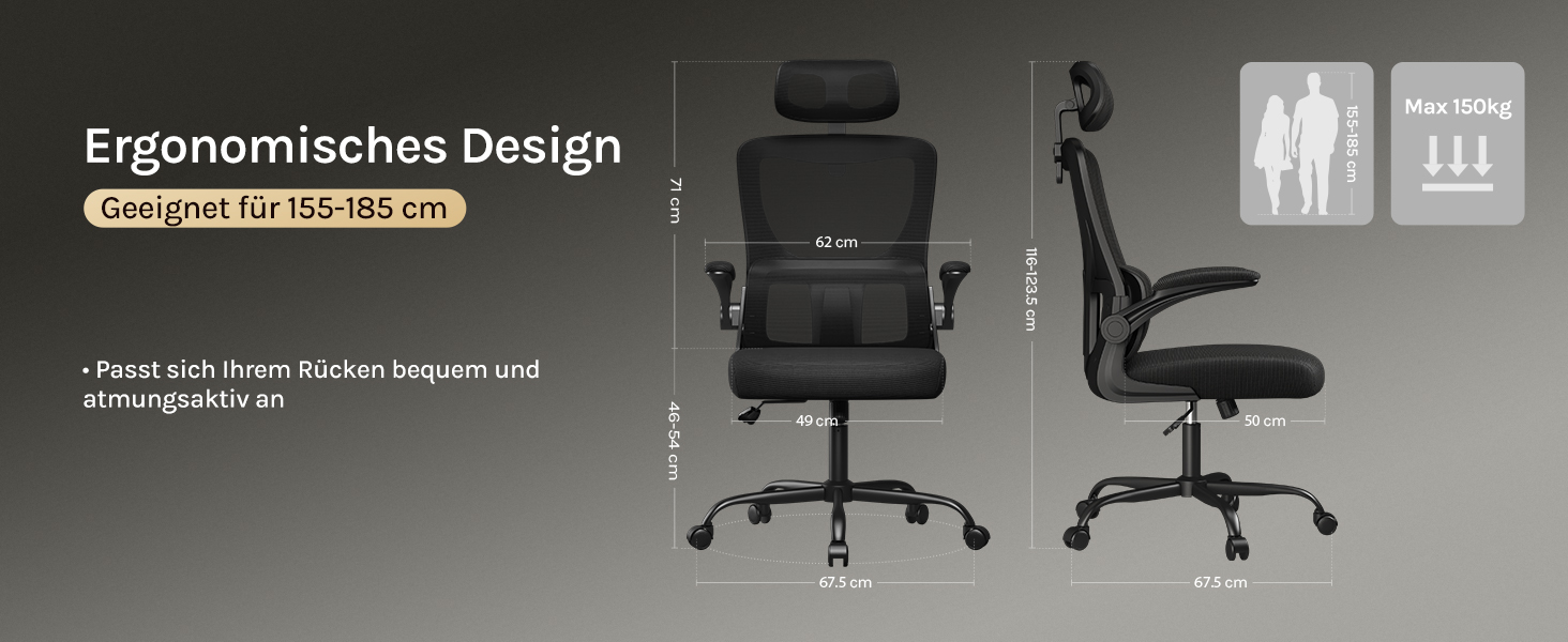 Офісний стіл Woltu: ергономічний крісло з регульованою підголівником, обертовими підлокітниками та підтримкою попереку. Крісло для офісу, витримує до 150 кг, чорний