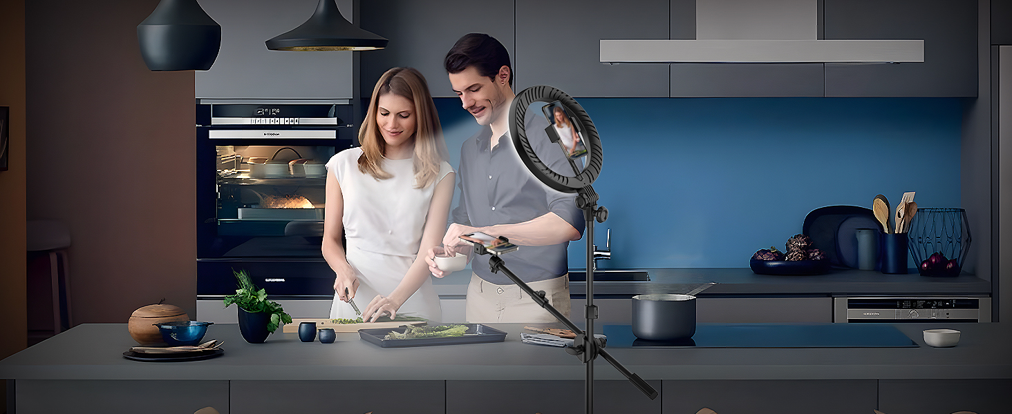 Настільний штатив з кільцевим світлом – подвійний тримач для 2 смартфонів, регульоване кільцеве світло з металевим штативом, 10.5' для коучингу/фуд-блогерів/влогів/мейк-апу/DIY