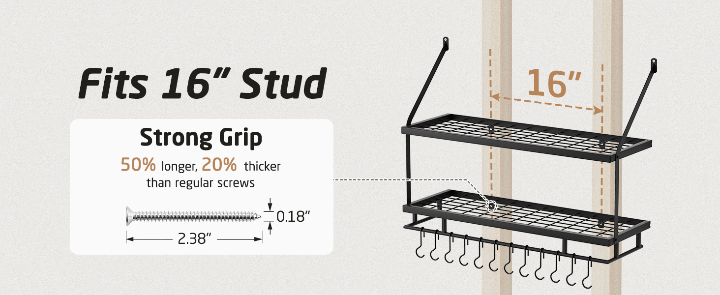 KES Double Kitchen Shelf Pan Holder Kitchen Utensil Holder Kitchen Pan Holder with 12 Hooks Hanging Shelf Pot Wall Shelf 75CM Wall Mounting Matt Black, KUR215S75B-BK