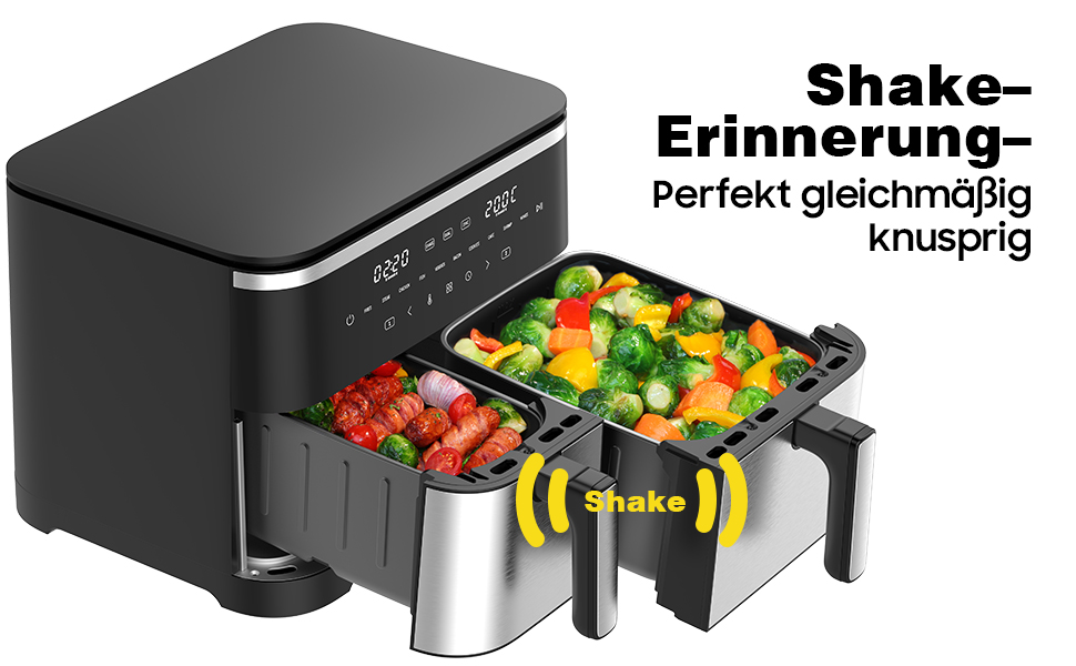 Фритюрниця повітряна подвійна 11л Airfryer, XXL фритюрниця з 2 кошиками, 7л/4л, для основного та гарніру одночасно, 2600W, 10 програм, сенсорний екран, нагадування про струшування