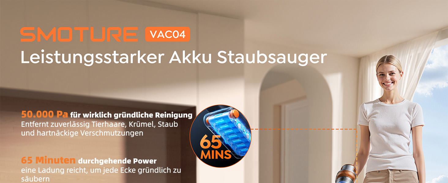 Бездротовий акумуляторний пилосос SMOTURE 50000 Па, 65 хв роботи, для дому, легкий, з гнучким шлангом, антизаплутана щітка, знімний акумулятор, для шерсті тварин, килимів, твердих підлог та авто