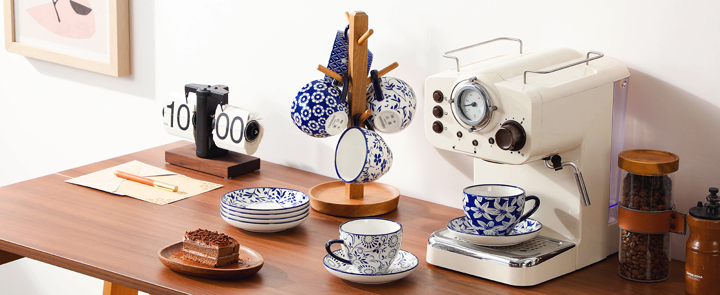 Набір кавових чашок капучіно Vancasso Selene 6 шт., 240 мл, блакитно-білий вінтажний дизайн, високоякісне фарфорове покриття, придатні для миття в посудомийній машині та використання в мікрохвильовій печі