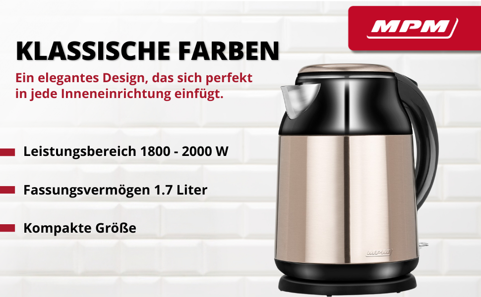 Електричний чайник MPM MCZ-85/G1, 1.7 л, без BPA, бездротовий, 360° обертання, антинакипний фільтр, автоматичне вимкнення, чорний, 2200W
