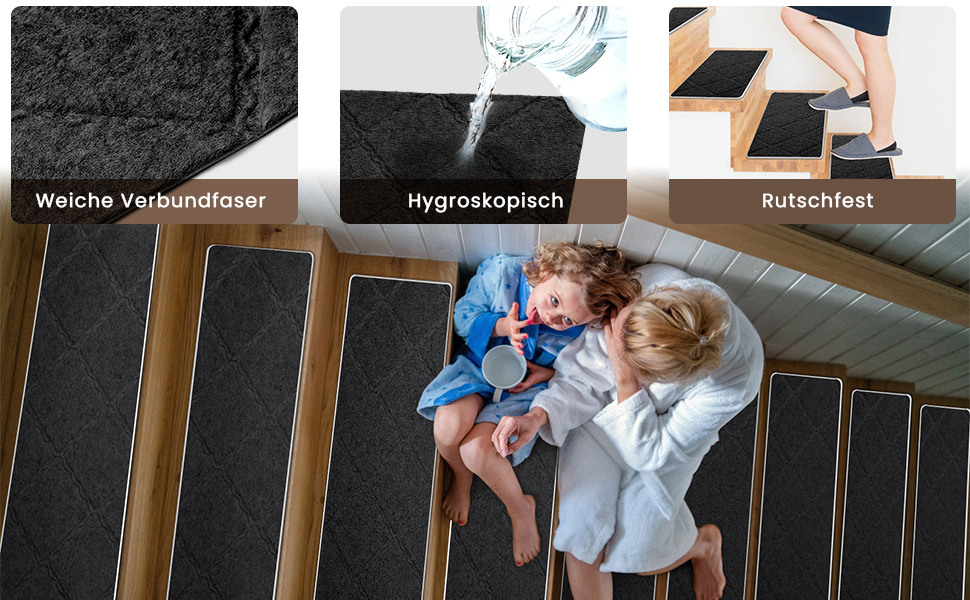 Килимок для сходів, 15 шт., самоклеючий, антиковзкий, для дому, можна різати, багаторазовий, захист від ковзання для дітей, домашніх тварин та літніх людей (55х19 см, 65х20 см, чорний)