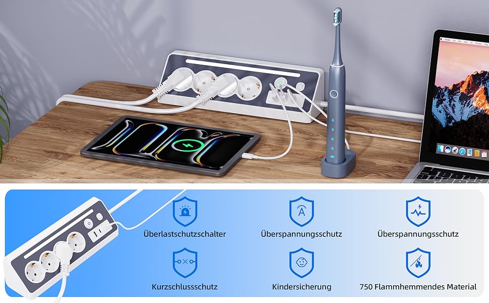 Мережевий фільтр з USB та Type-C, 4 розетки, 16A, 3680W, з вимикачами, захист від перенапруги, білий