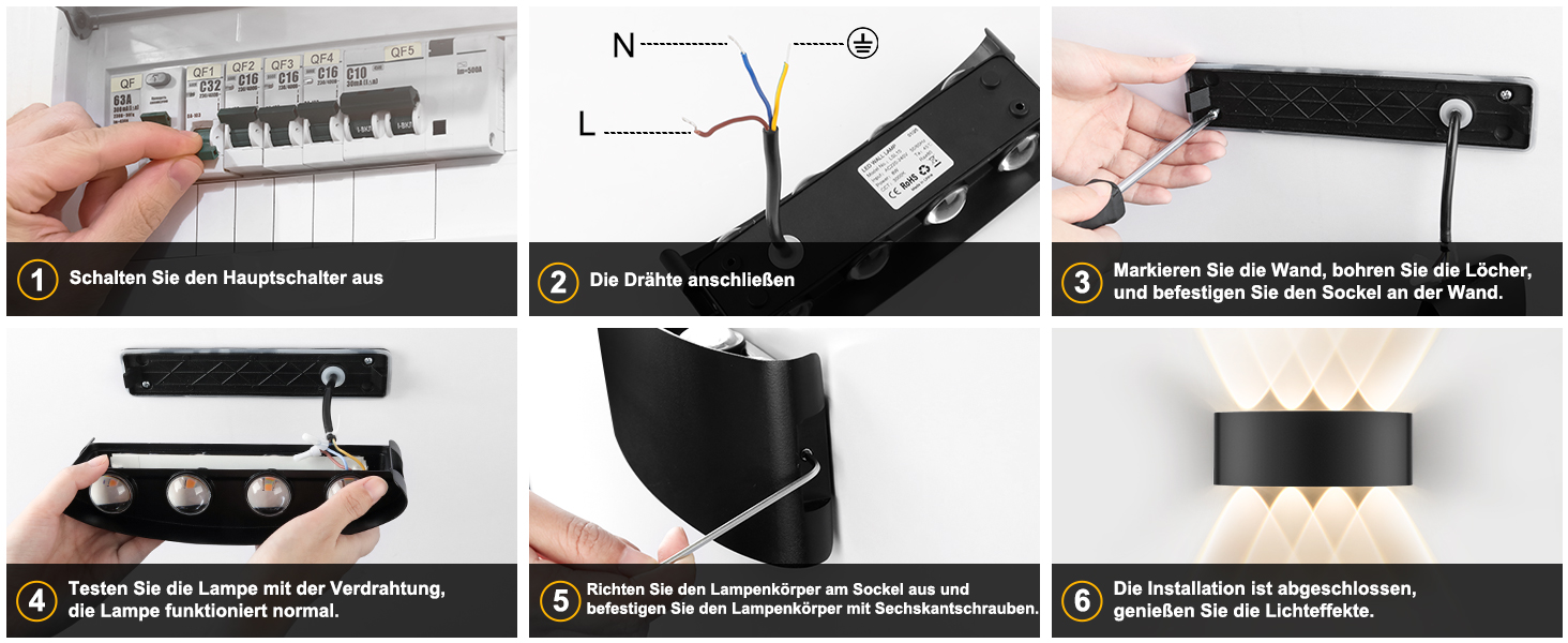 LED настінний світильник Oraymin 2 шт. IP65, 6W, 6 джерел світла, 3000K, для дому та вулиці, з алюмінію, тепле світло (Чорний, 8 джерел світла, 4 шт.)