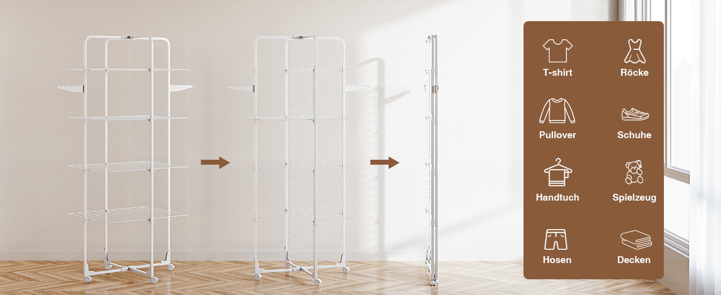 Стійка для сушіння білизни Innotic з 4 рівнями, складна та компактна на колесах, 168 см, для балкону та маленьких квартир, біла