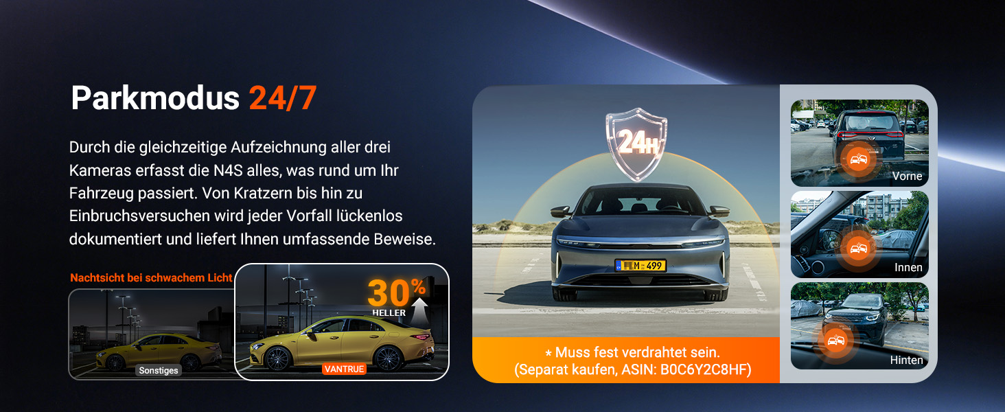 Автомобільний відеореєстратор VANTRUE N4S 3-канальний (2.7K+2.5K+1440P), STARVIS 2 HDR, нічна зйомка, 5GHz Wi-Fi, GPS, 24г паркування, G-сенсор, підтримка 1ТБ, для авто