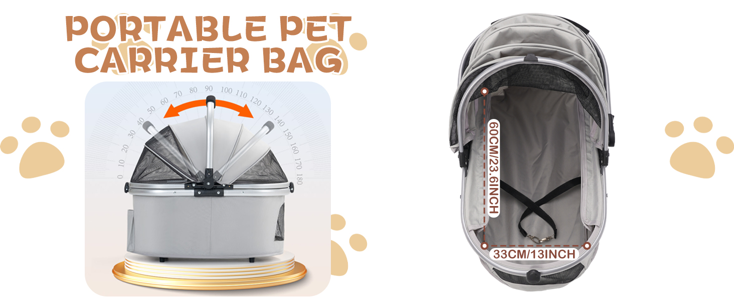 Візок для собак Siairo 3-в-1, сірий. Будка для собак середніх порід до 20 кг, переноска, автокрісло, відділення для їжі