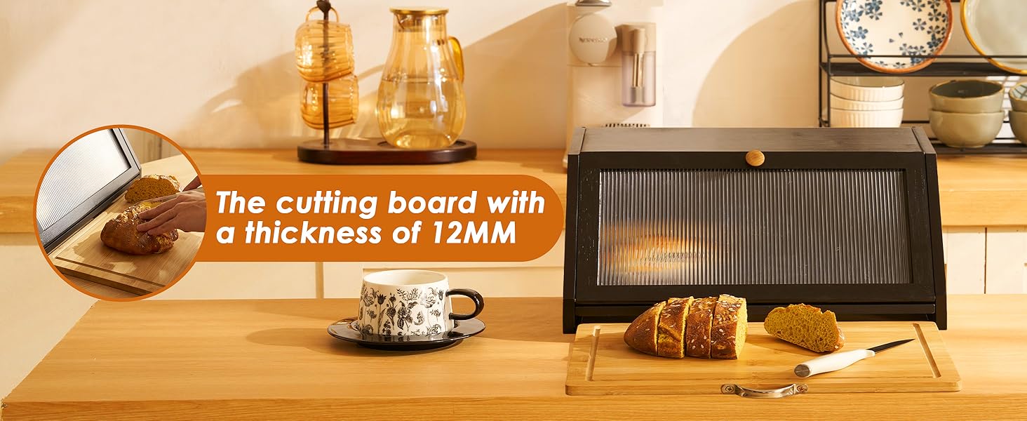 YOUDENOVA Хлібниця з дощечкою для нарізання, дерев'яна хлібниця, коробка для зберігання, бамбукова скринька для хліба, солі та перечниці, 39x25x20 (ДxШxВ) см, Чорний