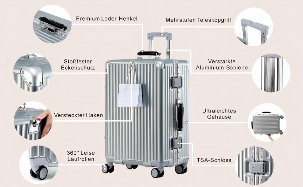 Чемодан ручної поклажі Yuweijie: міцний алюмінієвий каркас, 4 колеса, TSA-замок, срібний з коричневою шкіряною ручкою, S-58см