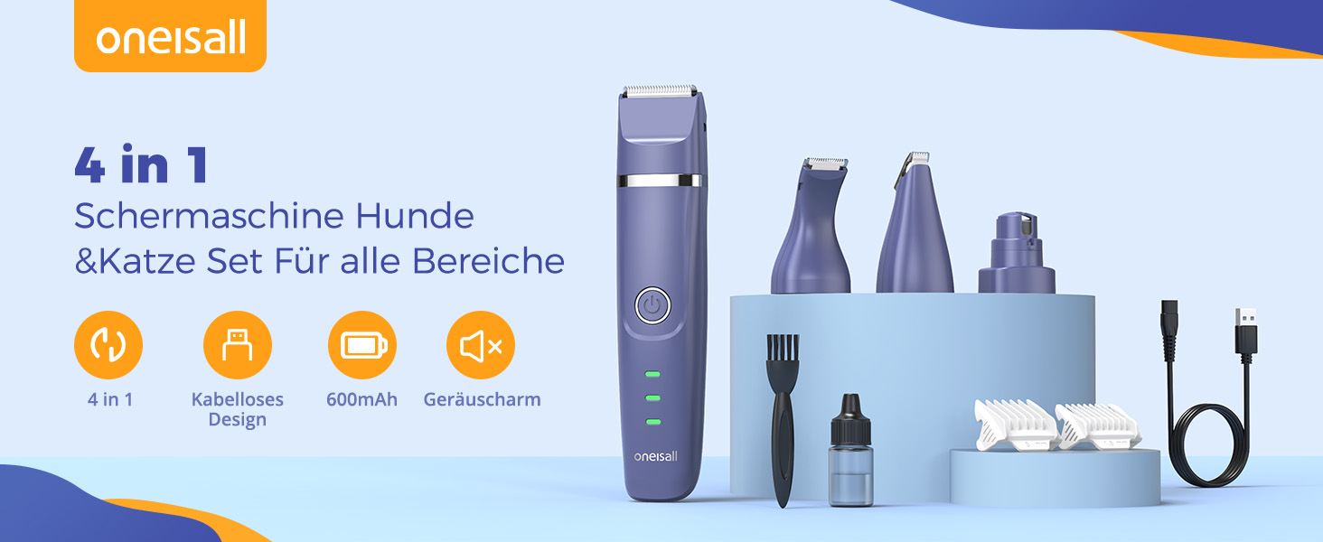 Машинка для стрижки собак і котів oneisall 4-в-1: стрижка, триммінг, шліфування кігтів. Безшумна, акумуляторна. 4 насадки для тіла, лап, очей, вух, обличчя. Білий/Синій колір