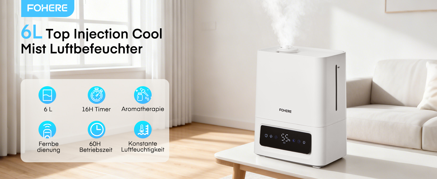 Зволожувач повітря FOHERE 6L для великих приміщень, 60 годин холодного туману, тихий зволожувач для дитячої кімнати, спальні, рослин, 28dB, точний датчик вологості, 16 годин таймер, аромадифузор, білий