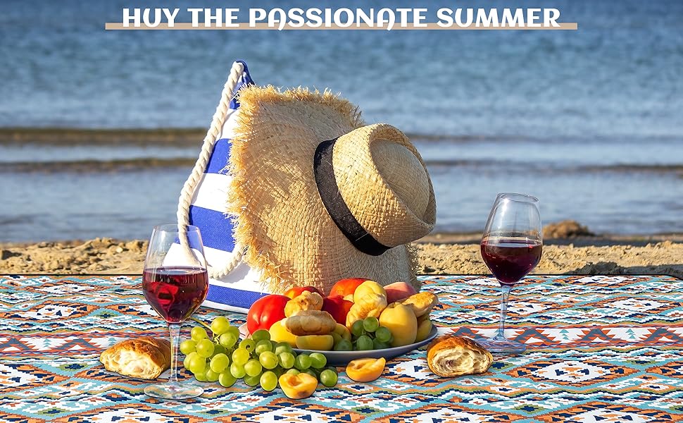 Килимок для пікніка SOMLAW вологостійкий, великий (200x200 см) для 4-6 осіб, з ручкою, Boho стиль, ідеальний для кемпінгу та пляжу