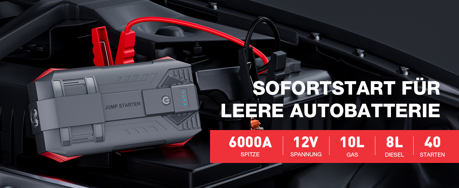 Повербанк Starthilfe Povasee 6000A UltraSafe для авто: пусковий пристрій, 12V, LED, 2 USB, до 10L бензину/8L дизеля