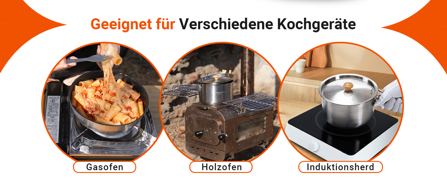 Набір посуду для кемпінгу KingCamp з кошиком, нержавіюча сталь, антипригарне покриття, 4-х частинний набір + чайник