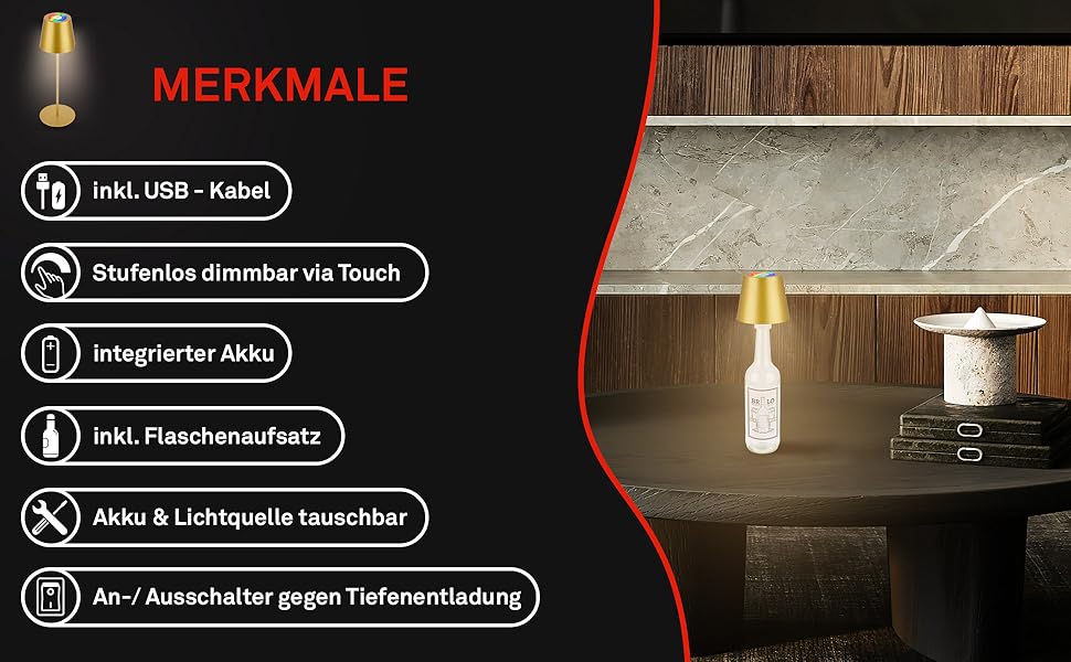 Світлодіодна настільна лампа Briloner бездротова з сенсорним керуванням, димування, регульована висота, нічна лампа, лампа для читання, кемпінгу, акумуляторна, для вулиці, 36x10.5 см