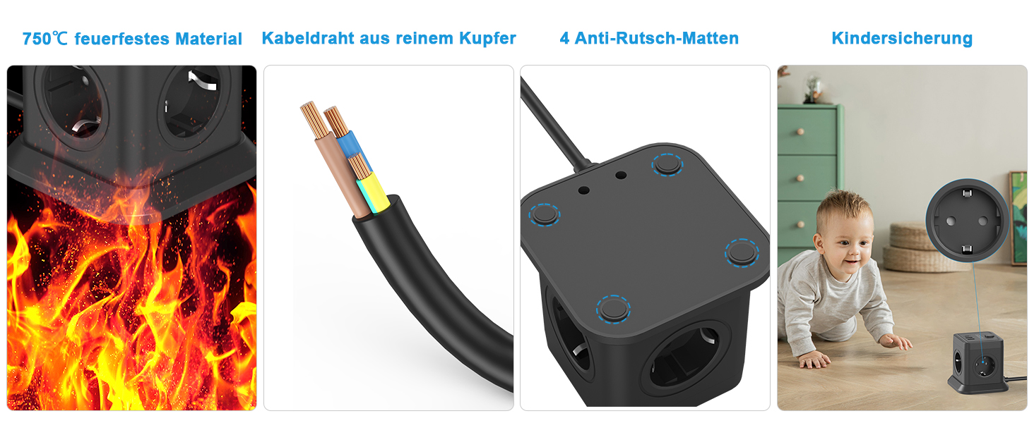 Багатофункціональний мережевий адаптер FDTEK 7-в-1 з USB-C та USB-A, 4 розетки, 2500W/10A, куб з вимикачем, кабель 1.8м, чорний