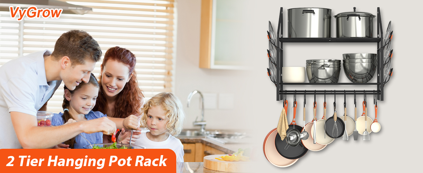 Hanging Pot Rack, 2 Tiers, Pots and Pans Organizer, Wall Mount, with 20 Hooks and 6 Lid Holders, Sturdy Steel Pot and Pan Hanger for Kitchen, Cookware, Utensils