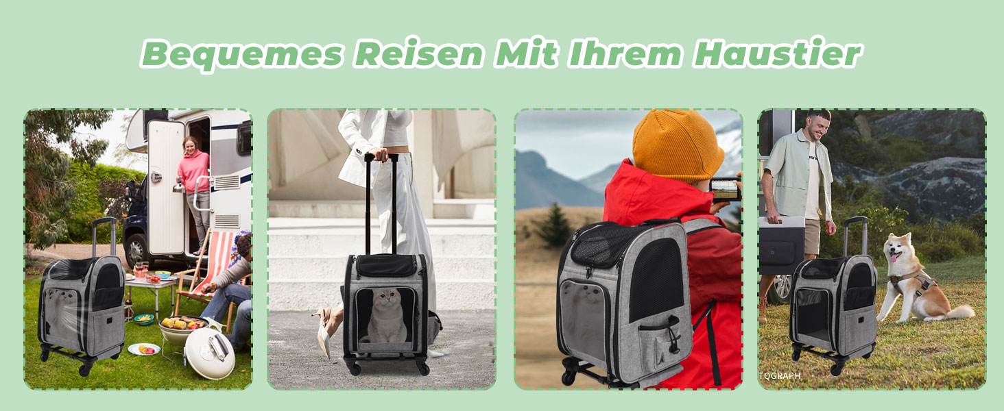 Транспортна переноска для котів та собак на колесах, 360° обертання, з кишенями, вантажний візок-рюкзак, портативна та дихаюча, для маленьких собак та середніх котів до 15 кг