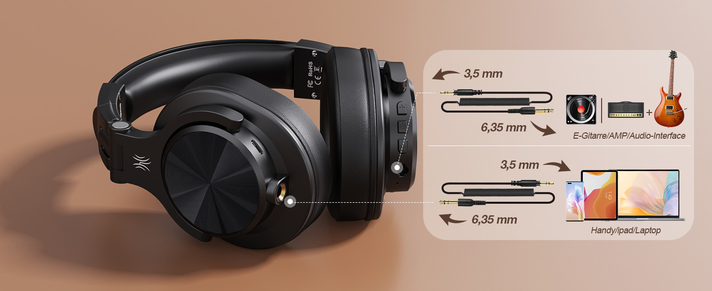 OneOdio Bluetooth навушники Over-Ear, 72 год HiFi Stereo, бездротові, з 6.35mm та 3.5mm аудіоджеком для студії, DJ, телефону, ПК, підсилювача - Чорний