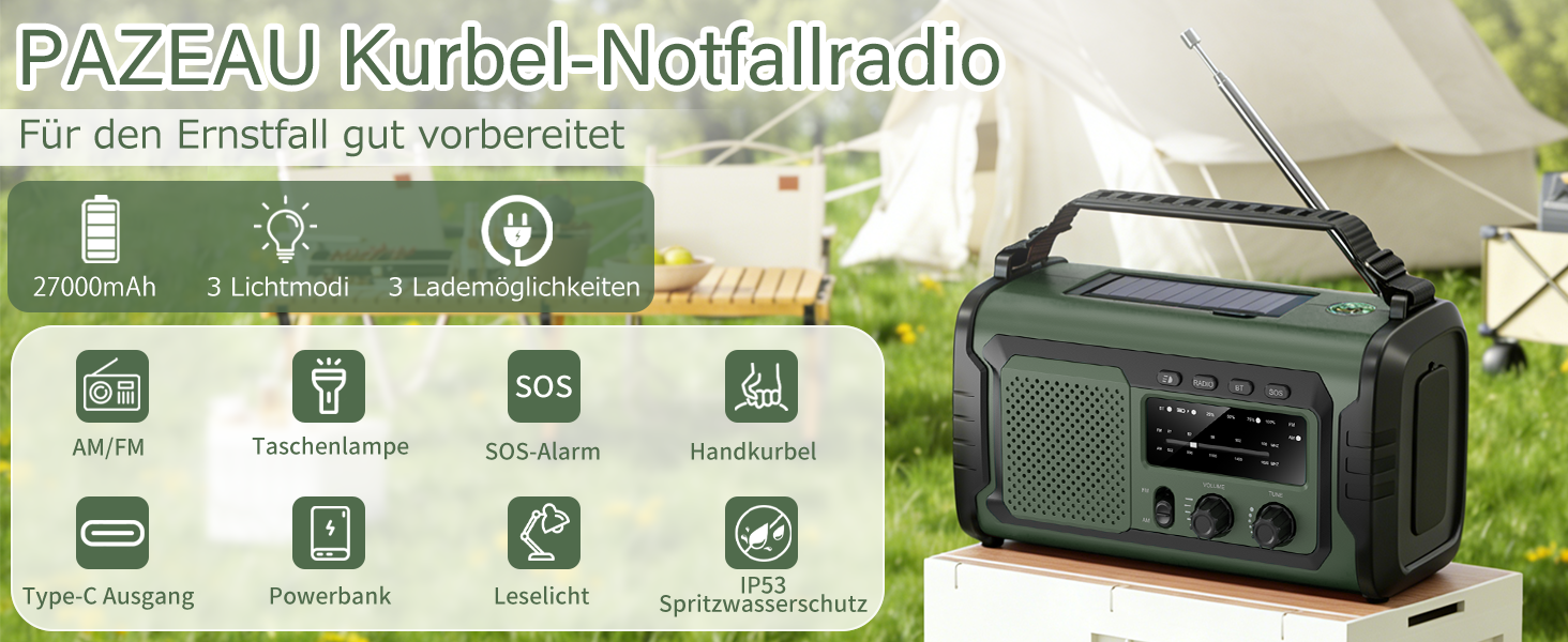 Радіо на сонячній батареї та ручному заводі Kurbelradio 27000mAh з SOS, Bluetooth, Powerbank, ліхтариком для кемпінгу та екстрених ситуацій (Зелений)