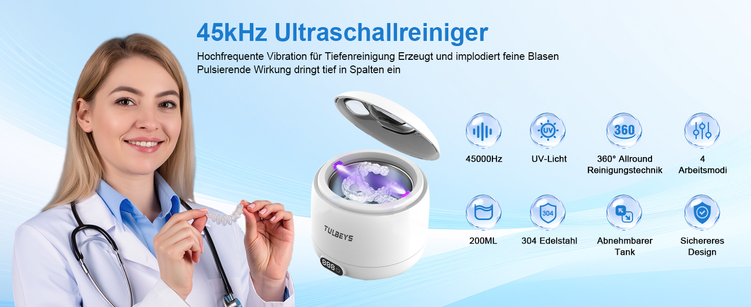Ультразвуковий очищувач 45000 Гц з УФ-дезінфекцією 220 мл для зубних протезів, брекетів, ювелірних виробів - білий