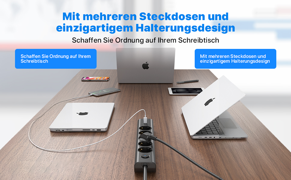 Мережевий фільтр Steckdose 8 в 1 з USB, 3680W, з вимикачем, 16A, 2 USB-C, для смартфонів, ноутбуків, iPad, 1.8M кабель, білий (чорний 5AC)