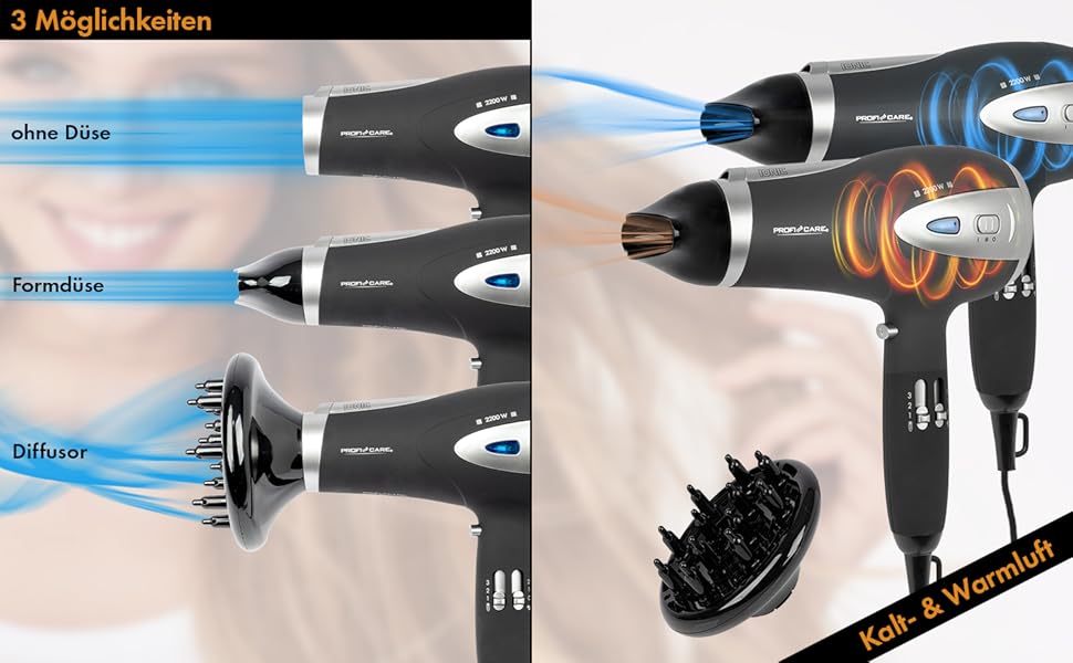 Фен ProfiCare® HTD 3113 чорний з іонізацією 2200W | Легкий туристичний фен з 3 режимами та 2 рівнями швидкості | Cool-Shot, насадка-дифузор та насадка для укладання