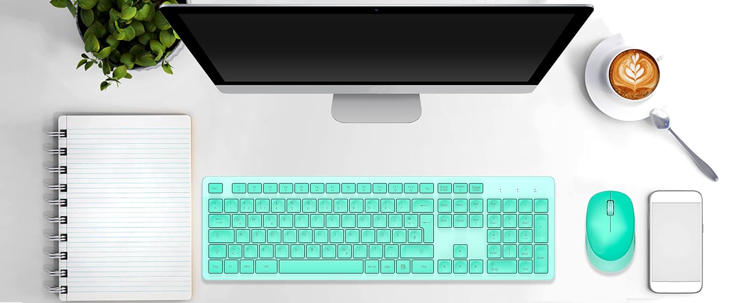 Бездротовий комплект клавіатури та миші Leadsail K786 з цифровою клавіатурою QWERTZ (німецька версія) - тиха клавіатура, 2.4 GHz, USB Nano приймач для ПК/ноутбука (зелений)