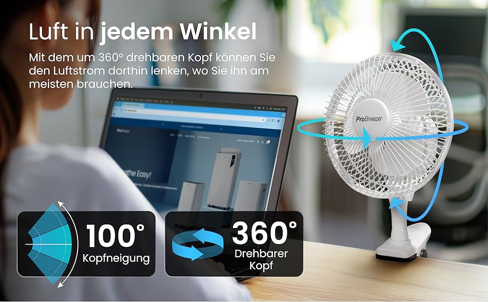 Mini вентилятор Pro Breeze з кліпсою, 20 см, 2 швидкості, тихий, для столу, офісу, кімнати, росту рослин, білий