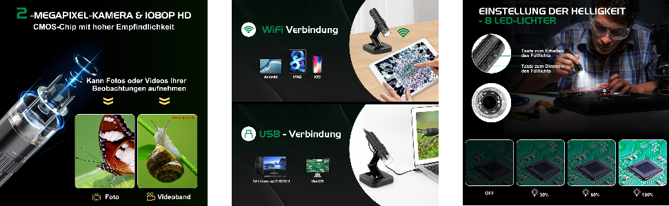 Цифровий мікроскоп WADEO USB HD з 50x-1600x збільшенням, портативна інспекційна камера, кабельне ручне збільшення з 8 LED та стійкою, сумісний з iOS, Android та планшетами (1080P)