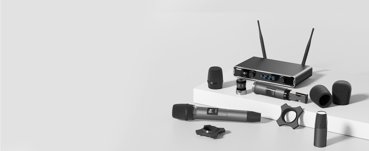 TONOR Система мікрофонів Dual Wireless, бездротова караоке мікрофонна система, 60м радіус дії, сірий колір