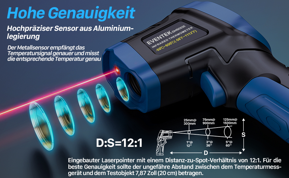 Інфрачервоний термометр Eventek -50°C до 600°C з лазером, регульований коефіцієнт випромінювання, цифровий, для гриля, піци, кухні, промисловості