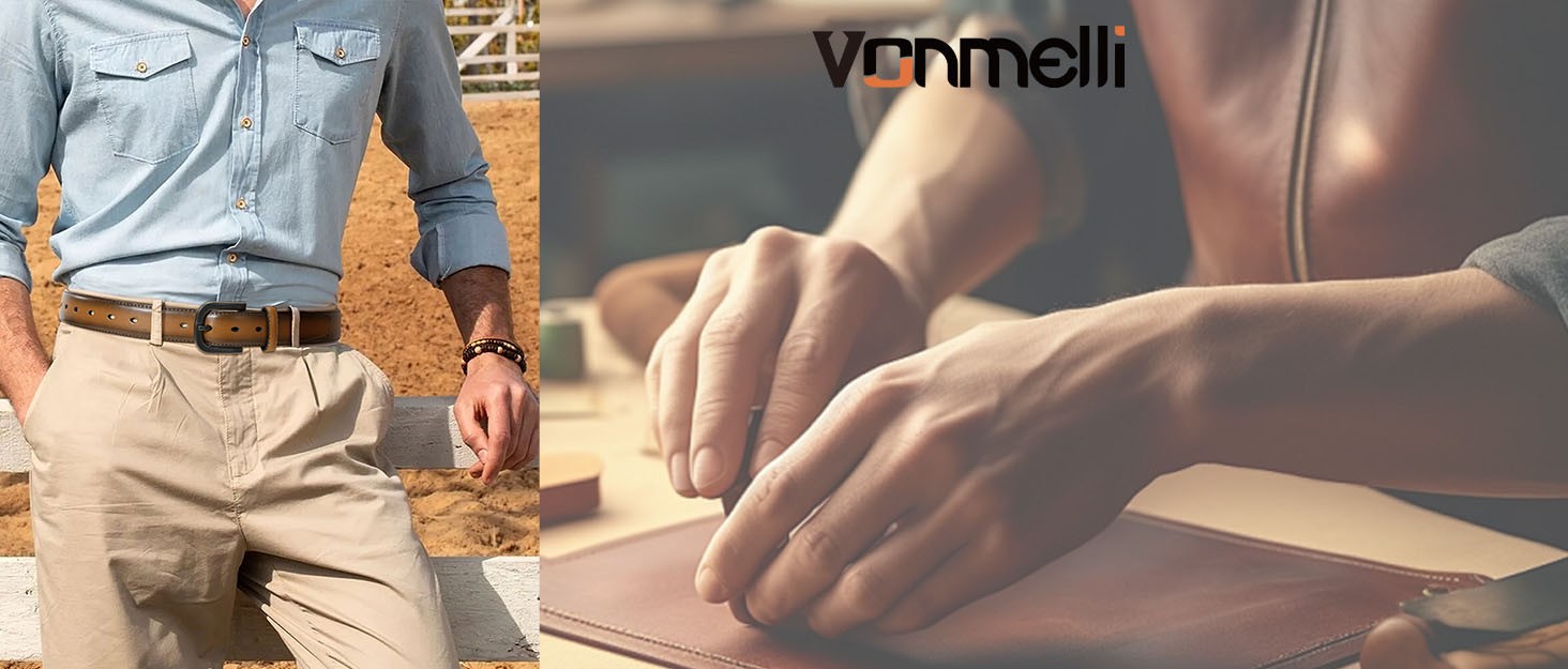 Чоловічий шкіряний ремінь VONMELLI без металу, TSA-сертифікований, синій, розмір пояса 48-52