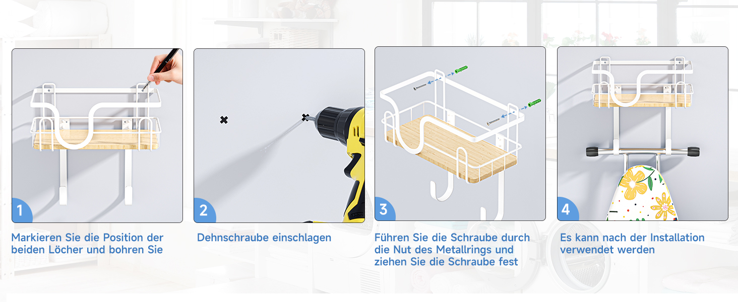 Настінна кріплення для прасувальної дошки з кошиком для зберігання та гачками (білий)