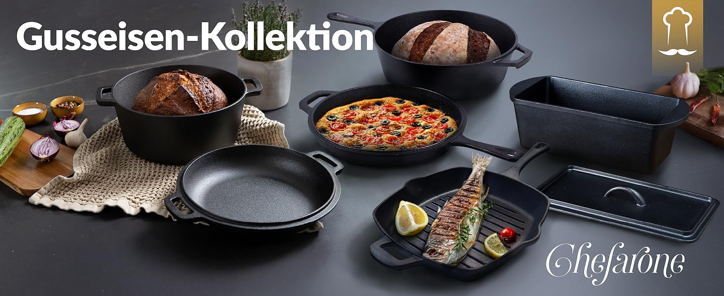 Чавунна гриль сковорода Chefarone 25.5 см з носиком – емальована сковорода для стейків, підходить для індукції, газу, склокераміки та духовки