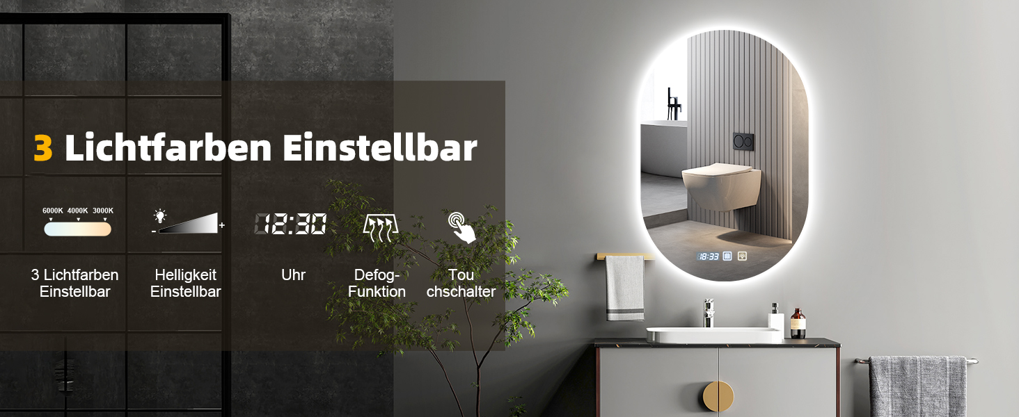 Дзеркало для ванної кімнати з підсвічуванням 50x70 см, з підігрівом, годинником, LED-підсвічуванням, сенсорною панеллю, функцією пам'яті, 3 кольори світла, регулювання яскравості