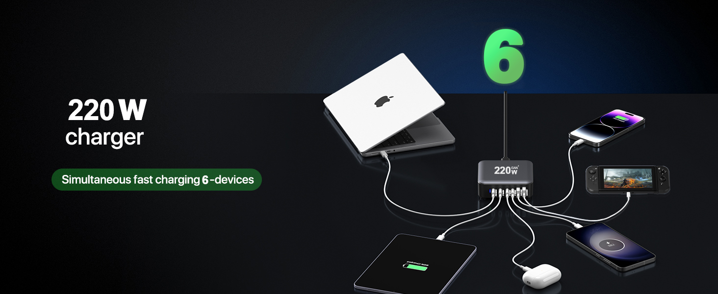 Зарядний пристрій USB-C 200W, 8 портів, GaN адаптер для MacBook Air/iPad/iPhone 15/16/Galaxy S23 - Чорний